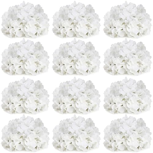 DIYDOFUN Hydrangea Flower Balls for Centerpieces - 12 PCS Artificial Floral Arrangement with Base 8.27 Inch Diameter Fake Silk Kissing Ball for Wedding Table Home Party Decor - White