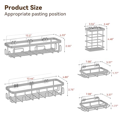 Image of YASONIC Shower Caddy Adhesive, 100% Rustproof Shower Organizer with Soap and Toothbrush Holder, Large Capacity Shower Shelves for Inside Shower, No Drill Shower Storage for Home (5 Pack Grey)