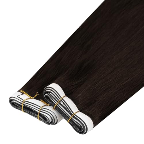 Image of Full Shine Tape in Weft Hair Extensions Human Hair Color 2 Darkest Brown 22 Inch Invisible Seamless Skin Weft Genius Weft Hair Extensions 4PCS Soft and Silky 120g for Party