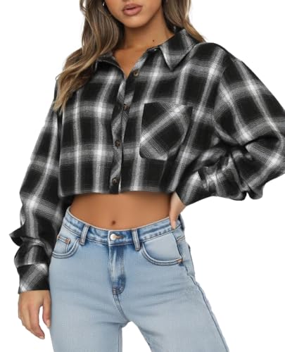 Lacozy Women’s Long Sleeve Buffalo Plaid Flannel Cropped Shirt Basic Button Down Crop Tops Fall Fashion Clothes Black M