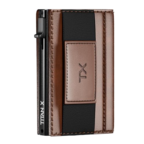 TITAN X Bifold Wallet | Slim Metal Leather with Cash Strap | Pop Up Card Access ANTI-RFID (Dark Brown Leather)