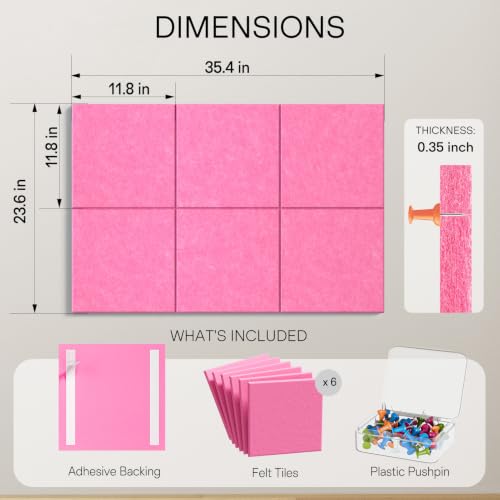Image of MaxGear Felt Bulletin Board 36 inch x 24 inch, Pink Felt Wall Tiles Push Pins