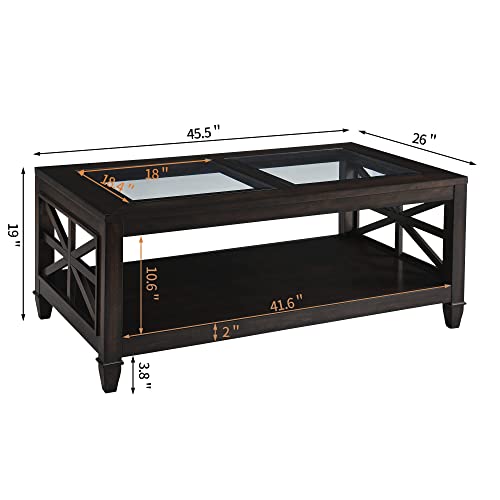 Solid Wood Coffee Table With Tempered Glass Top, Farmhouse Living Room Center Table With 2-Tire Storage Shelf, Traditional Cocktail Table, 45.5” X 26” X 19” Easy Assembly, Vintage Walnut Kfz1318Dc #TOP2