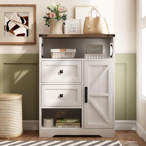 Fameill White Farmhouse Storage Cabinet With 2 Drawers & Shelves,Freestanding Storage Cabinet With Doors & Open Storage,Floor Storage Cabinet For Living Room,Bathroom,Kitchen,Laundry thumb #8