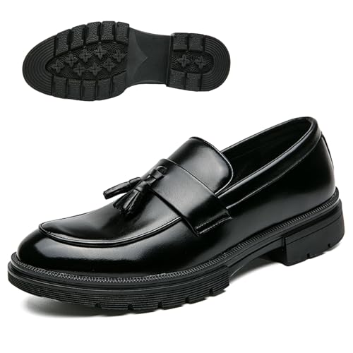 Men's Fashion Tassel Platform Loafers Comfortable Wide Round Toe Slip on Lug Sole Low Block Heel Business Dress Shoes Non-Slip Work Office Casual Shoes