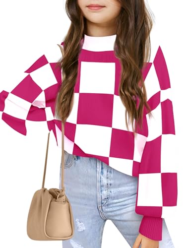 Image of Girls Sweaters Kids Fashion Plaid Mock Neck Pullover Sweater Tops 5-14 Years