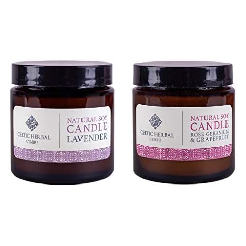 Celtic Herbal Natural Soy Candle Multipack | Rose Geranium & Grapefruit | Lavender | Ethically Sourced, Sustainable Soy Wax - Clean Burning & Long Lasting Cover