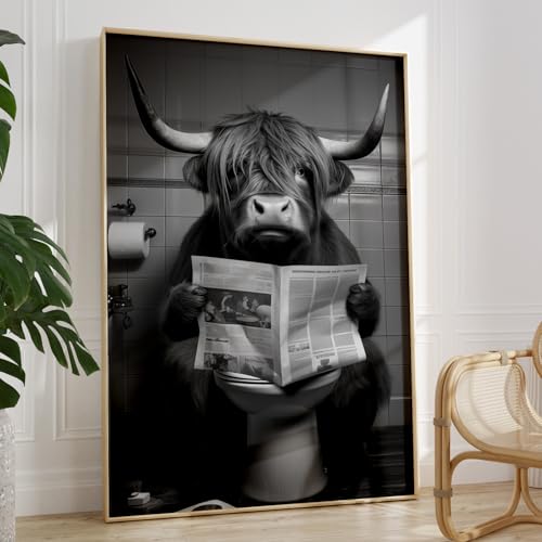 Divertente decorazione da parete per bagno con mucca delle Highlands, stampa di animali in bianco e nero, 40,6 x 61 cm, senza cornice