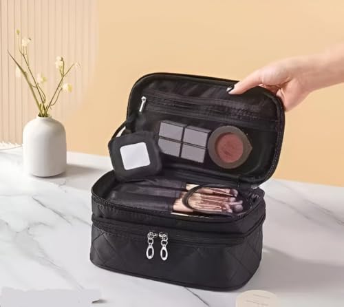 Image of Cosmetic Pouch, Make up Bag for Home & Travel, Toiletry Bag for Cosmetics, Brushes, Accessories Set of 3 - Wash Bag - Light Pink and Black (Blue) (Yellow-H)