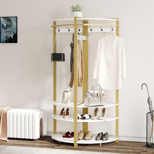 GarveeHome Corner Coat Rack with Shoe Bench Entryway, Corner Hall Tree with 6 Double Hooks, Corner Clothes Rack with Storage Corner Tree with Organizer Shoe Bench Shelf for Entryway, Hallway, Closet