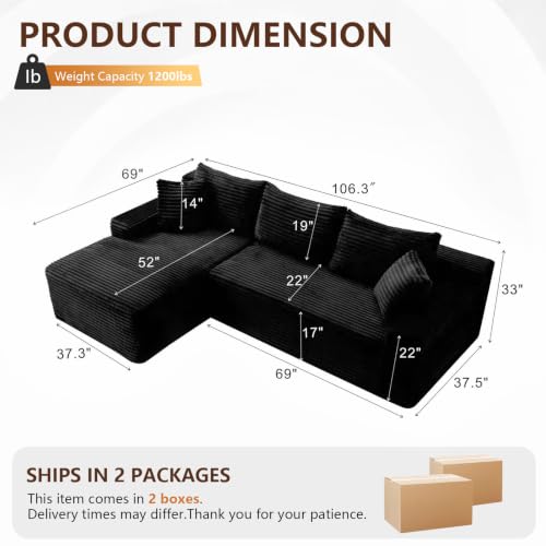 Image of 106.3 inch L Shaped Boneless Sectional Corduroy Couches for Living Room (Black)