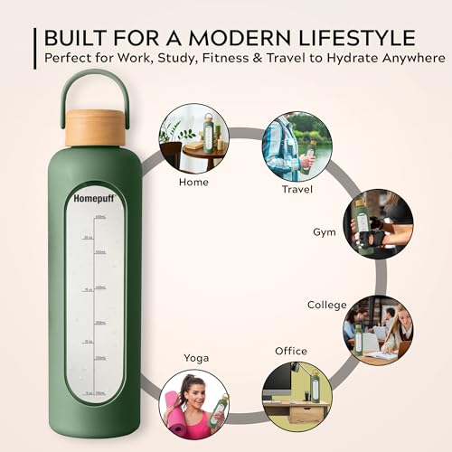 Image of Home Puff Borosilicate Glass Water Bottle With Silicone Cover Sleeve (1000Ml) | Airtight, Leak-Proof Bamboo Lid, BPA-Free, Eco-Friendly, Reusable Bottle For Fridge, Gym, Travel, Office, Home (Green)