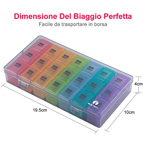 Portapillole Settimanale, Portapillole Grande Integratori per Vitamine, Oli di pesce, Medicina, Palestra, Viaggio - Colorato(21 Scomparti-ITALIANO) - 7