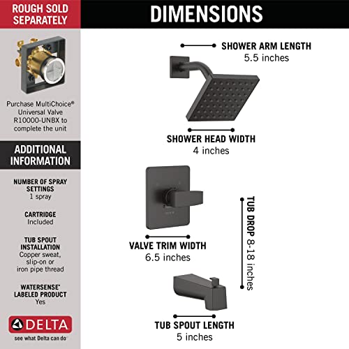 Image of Delta Modern 14 Series Square Bathtub and Shower Faucet Set, Matte Black Shower Head and Handle Set, Valve Trim Kit, Matte Black T14467-BL-PP (Valve Not Included)