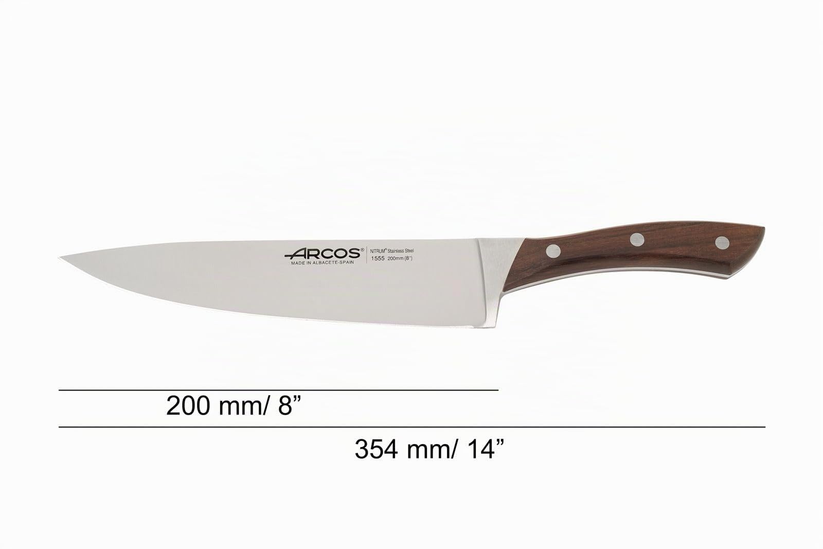 Arcos Cuchillo Chef Acero Inoxidable Nitrum y Hoja 200 mm. Cuchillo cocina profesional multipropósito. Mango ergonómico polioximetileno POM y madera palisandro. Serie Natura.