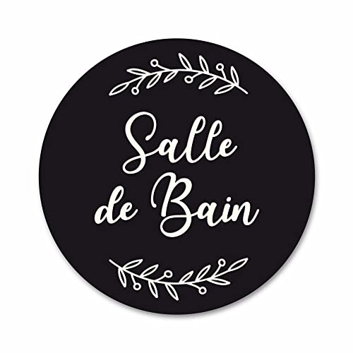 Plaque de Porte Autocollante PVC Gravé Noir Blanc Ronde. Décoration de Porte toilettes, buanderie, chambre...