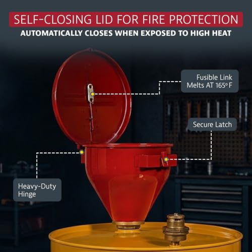 Image of Justrite Drum Funnel for Flammables, Self-Closing Cover, Red, Made in USA