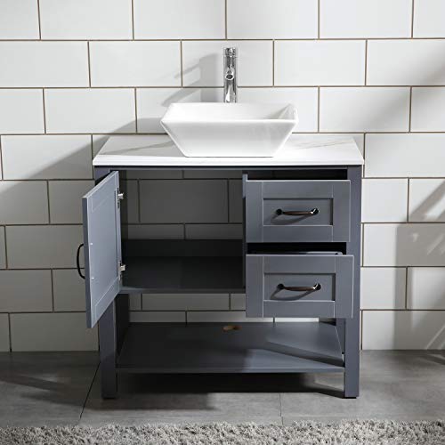 30" Gray Bathroom Vanity and Sink Combo Marble Pattern Top w/Mirror Faucet&Drain