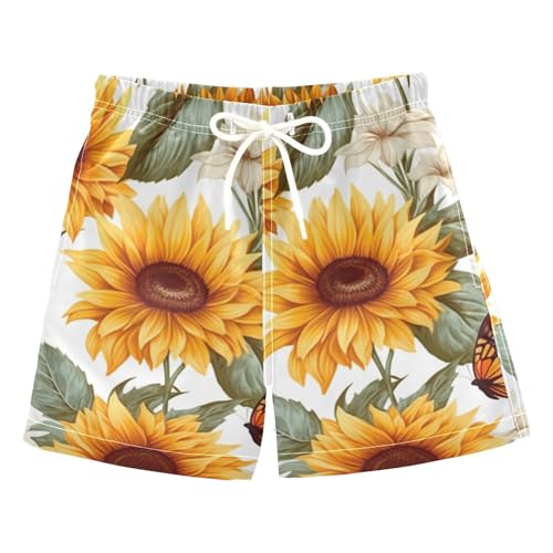 FLildon Vivid Sunflower and Butterfly Little Boys Swim Trunks with Mesh Lining Quick Dry Beach Board Shorts, 3T