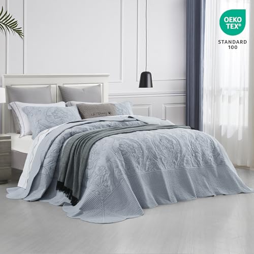 Image of CHIXIN Bedspread Coverlet Quilt Set Full Size - Lightweight Bedding Cover - Beautiful Stitching - 5 Piece Reversible Bedspread - Gorgeous Damask Paisley Pattern (Full, Light Grey)
