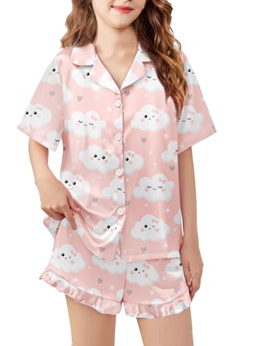 Image of Arshiner Girls Pajamas Silk Satin Pajama Set Button Pjs Ruffle Sleepwear | 2 Piece Nightwear, Silky Soft Lounge for Little & Big Kids, Ideal for Sleeping and Sleepover Party