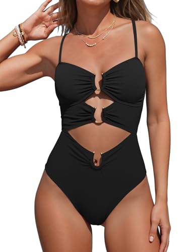 Fanuerg Women One Piece Swimsuit Ring Linked Swim Bathing Suit Sexy Cut Out Monokini Swimwear