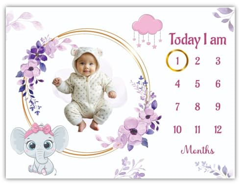 Image of Baby Monthly Milestone Blanket | 1-12 Months | Elephant Lavender Floral Edition | Ideal for Newborn Boys & Girls | Perfect Growth Tracker & Photoshoot Prop with Floral Wreath | 120x90 cm