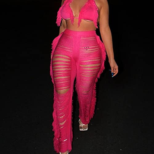 JEShifangjiusu Women Crochet Cover Up Pants Hollow Out Ripped Tassel Fringe Wide Leg Pant Loose Solid Straight Trouser2