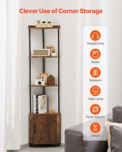 Image of VEVOR 5 Tier Corner Shelf with LED Light, 65.4 inch Tall Corner Bookshelf with Storage Cabinet, Display Shelf with Multi-Color Lights Controlled Via RC /APP for Bedroom, Living Room, Office