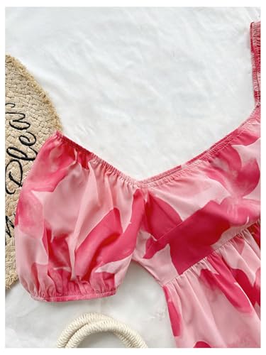 Girl's Floral Print Puff Short Sleeve Blouse Square Neck Boho Ruffle Peplum Shirt Tops3