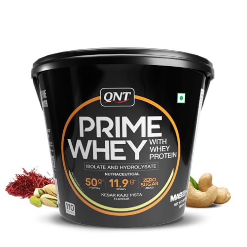 Image of QNT Prime Whey Protein Powder - Kesar Kaju Pista | 25g Protein Per Scoop | Whey Isolate, Concentrate & Hydrolysate Blend | 110 Servings | Muscle Growth, Recovery & Strength | 4kg