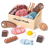 Kienvy 10 PCS Meat & Fish Wooden Play Food Set for Kids Kitchen, Wooden Toy Pretend Play Food Cutting Set, Realistic Protein Play Food Set, Christmas Birthday Present for Toddlers & Kids Ages 3+