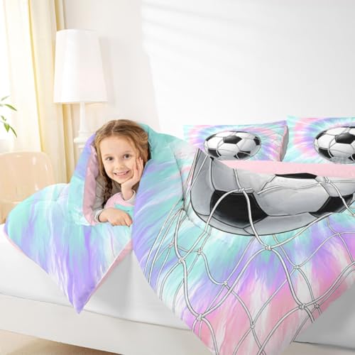 Image of Feelyou Football Comforter Set Full Size Soccer Bedding Set for Kids Boys Girls Watercolor Tie Dye Duvet Quilt Sports Bedroom Decor Microfiber 3 Pcs with 2 Pillow Cases