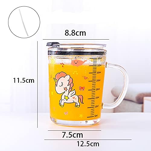 Image of Milk Glass Cups with Handle - Cartoon Print Coffee Mugs with Spill-Proof Lid, Straw & Scale - 350ml Multipurpose Milk Mug for Kids & Adults - Pack of 1 (Random Design)