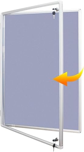 XIWODE Tamperproof Lockable Notice Board with Aluminium Frame, Grey Fabric Bulletin Boards Cabinet, 90x60 cm (8 x A4), 10 Colorful Push Pins Included for Display and Presentation