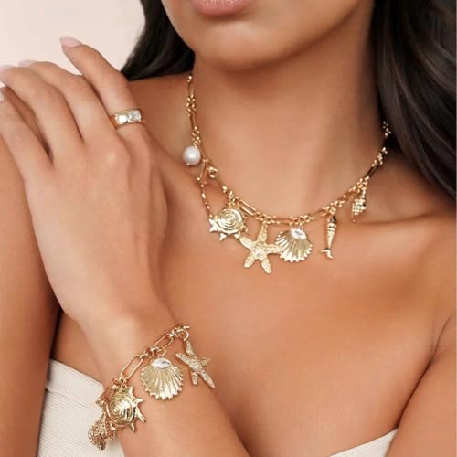 Ettika Necklace for Women. Oceanic Dreams Charm Necklaces, 18k Gold Plated Assorted Shell And Pearl Charms. Jewelry4