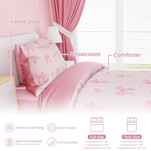 Image of SANDJEST Bow Comforter Set Full Size 98x86in for Kids Girls, Microfiber 4 Pcs Bedding Set Includes 1 Comforter, 2 Pillowcases, 1 Fitted Sheet, Nursery Room Decor