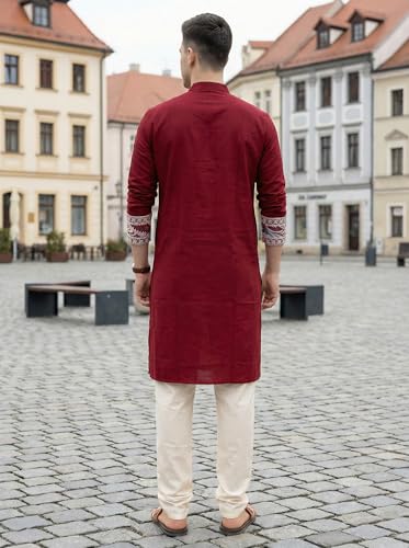 Image of Men's Jamdani Printed Kurta Pajama Set | Pure Cotton Ethnic Kurta with Mandarin Collar & Dupion Silk Pyjama | Festive & Weddings 303A12A 303SB12B(M XXL)