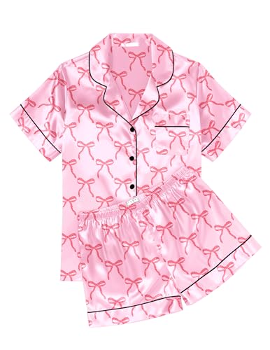 Image of Ekouaer Womens Silk Satin Pajama Sets Soft Short Sleeve Button Down Sleepwear Top and Shorts 2 Piece Pjs Lounge Set