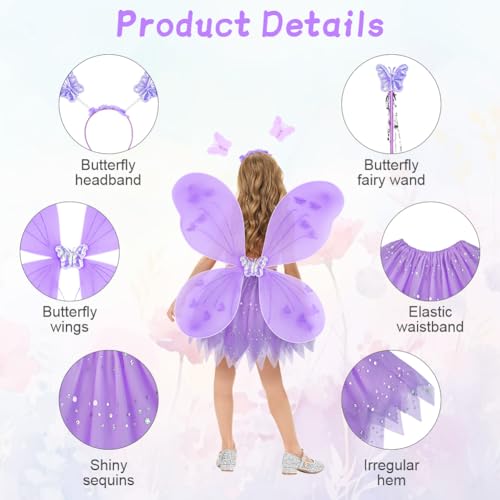AYBUY Fairy Wings Kids Costume, Butterfly Wings with Glitter Tutu, Magic Wand and Headband, Purple Fairy Princess Skirt Set - Image 3
