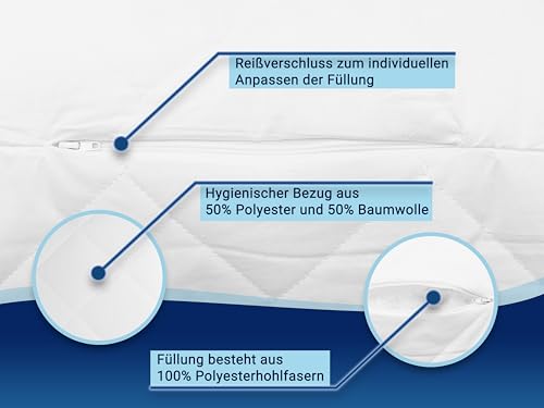 ZOLLNER Komfortables Kopfkissen - 50x80 cm - mit Reißverschluss – Individuell anpassbare Füllung aus Synthetikfasern - bis 95°C waschbar - Bezug aus Baumwollmischung - Hotelqualität