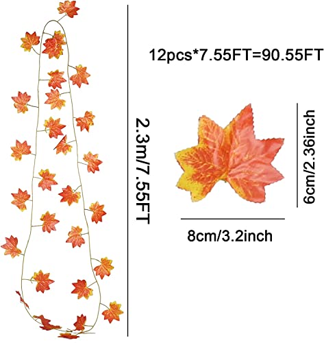 Nahuaa 12Pcs Silk Fall Leaves Garland 90Feet Artificial Autumn Maple Leaves Garland With Full Foliage For Fall Wedding Centerpiece Fireplace Porch Thanksgiving Decorations #TOP6