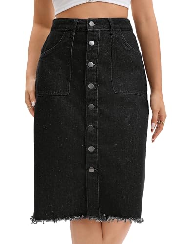 Women's Denim Skirt Knee Length Raw Hem Button Down Pencil Skirts