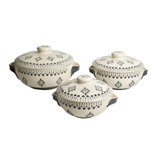 Image of StyleMyWay Hand Painted Large Ceramic Serving Donga Set for Kitchen with Lid and Handle (Set of 3, White and Grey, 1200 ml, 1000 ml, 800 ml) | Casserole Set | Dinner Serving Bowls with Lid