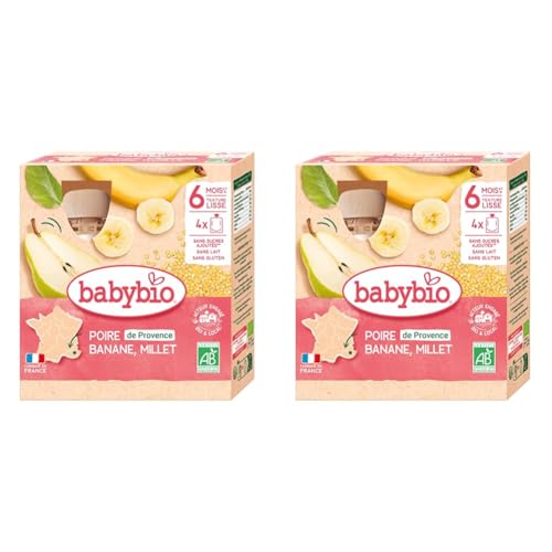 Babybio - Gourdes Fruits - Poire de Provence Banane Millet 4x90 g - 6+ Mois - BIO (Lot de 2)