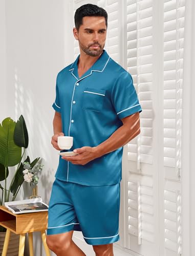 Vssjavun Mens Satin Silk Pajamas Sets Short Sleeve Button-Down Sleepwear Two Piece Loungewear with Pockets