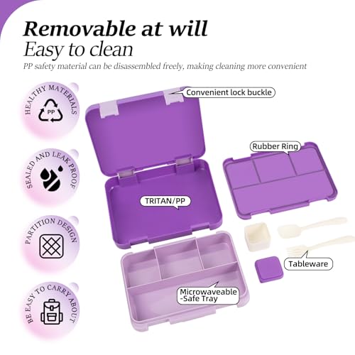 QCQHDU Brotdose Kinder mit 5 Fächern - Lunchbox mit Unterteilungen,1300ml Bento Box für Schule,Kindergarten,Outdoor | Leckdicht, Spülmaschinenfest, BPA-Frei,Essensdose mit Essbesteck（Lila.）