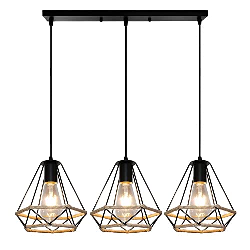 Luminaire de cuisine pour îlot central en métal noir et suspension corde de chanvre