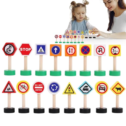 道路警告標識 注意 - 9.06 インチ 木製 16X 子供用交通標識 プレイセット |木製積み木 |早期学習ゲーム パーティーの記念品のための安全ゲームを停止