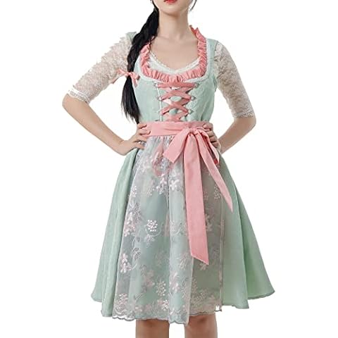 Fiamll Women's Dirndl Set Costume Dress Women's Embroidered Lace Dirndl Apron Costume Fashion Dress Dirndl Blouse for Oktoberfest, Green, XXL Cover